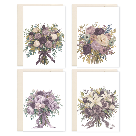 Pressed Garden Collection | Vintage Botanical Card Set of 4 | Plum Cream Floral | Blank Inside