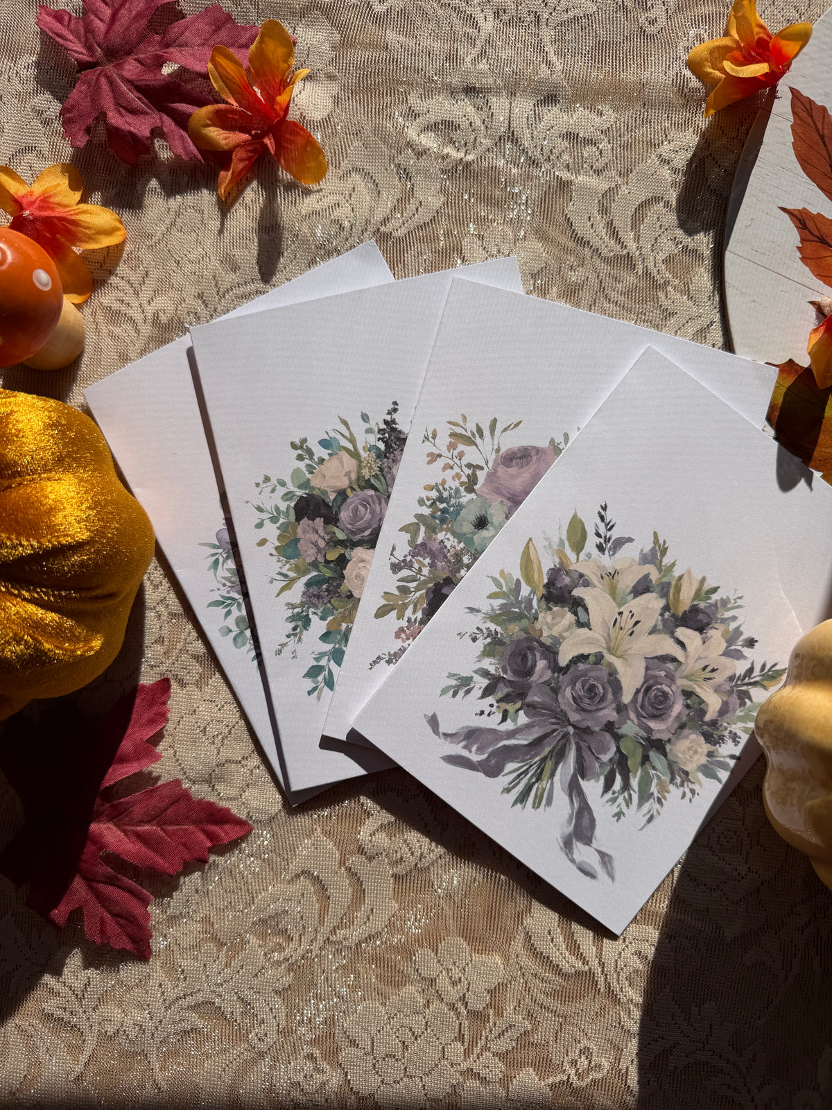 Pressed Garden Collection | Vintage Botanical Card Set of 4 | Plum Cream Floral | Blank Inside